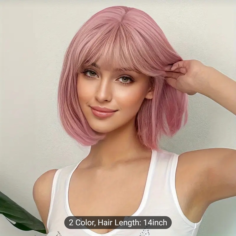 🥑2/100🥑NWT Straight Hair Soft Pink Bob Wig with Sleek Blunt Cut Rose Net Cap